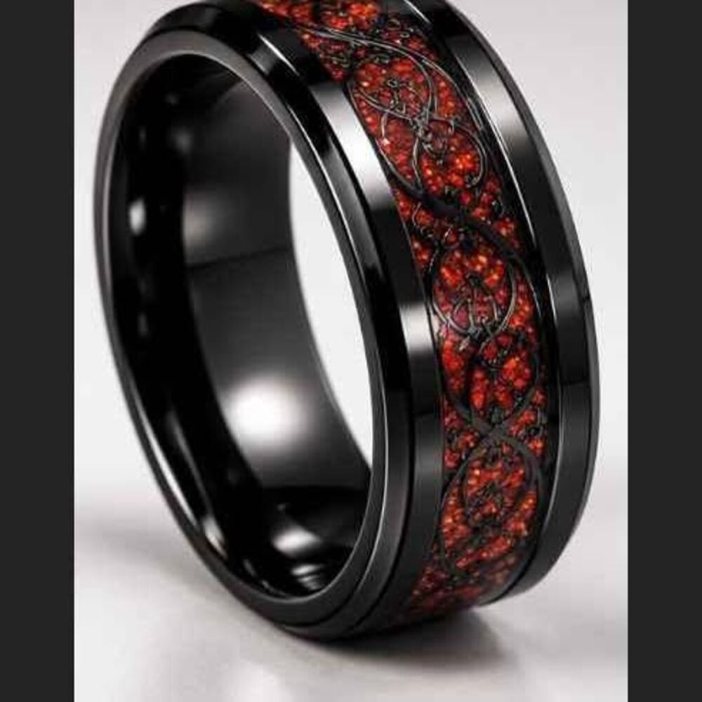 Celtic Dragon Black & Red 316L Stainless Steel Statement Ring — Size 9